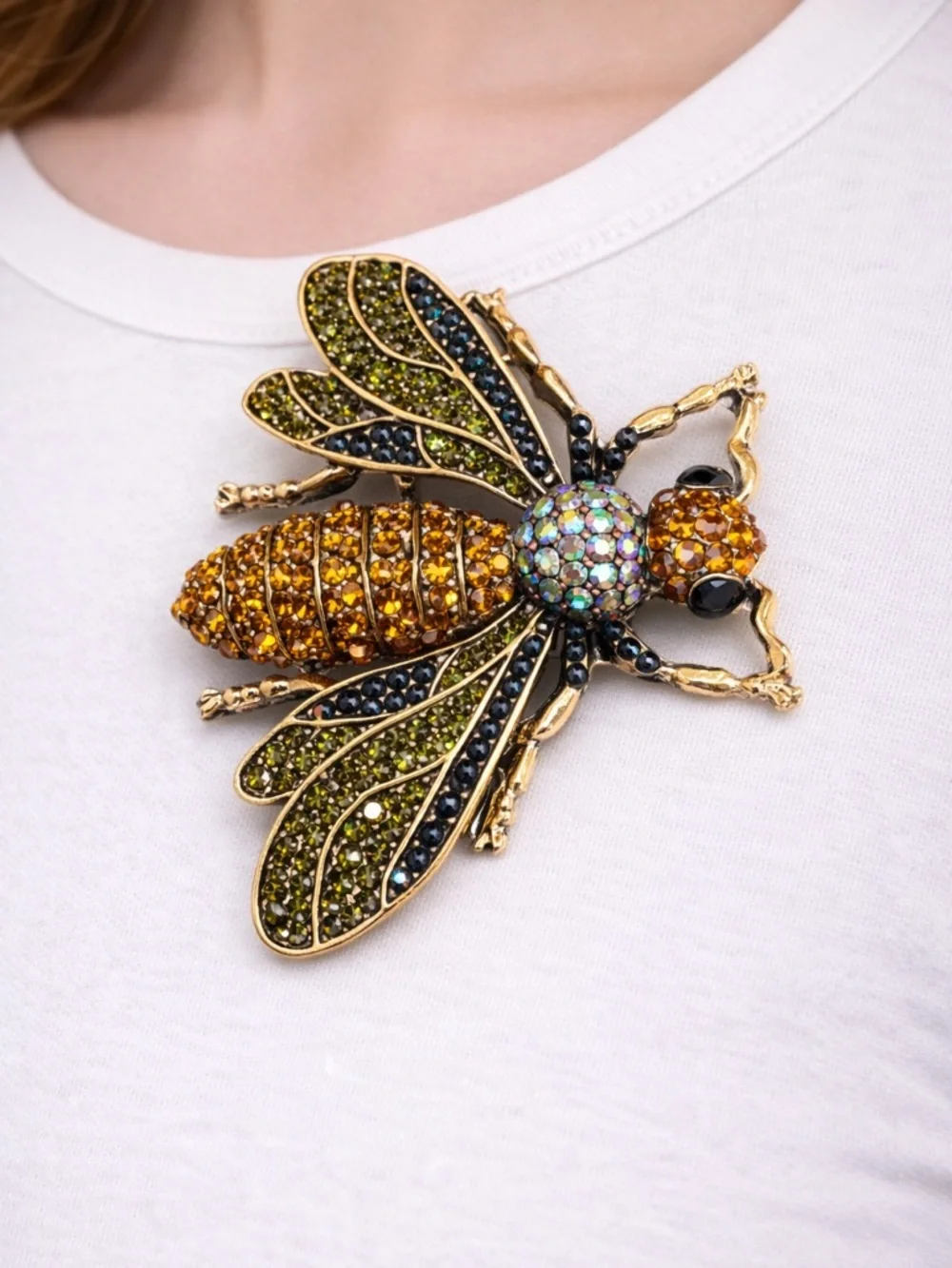 Gold-Tone Bee Crystal Brooch